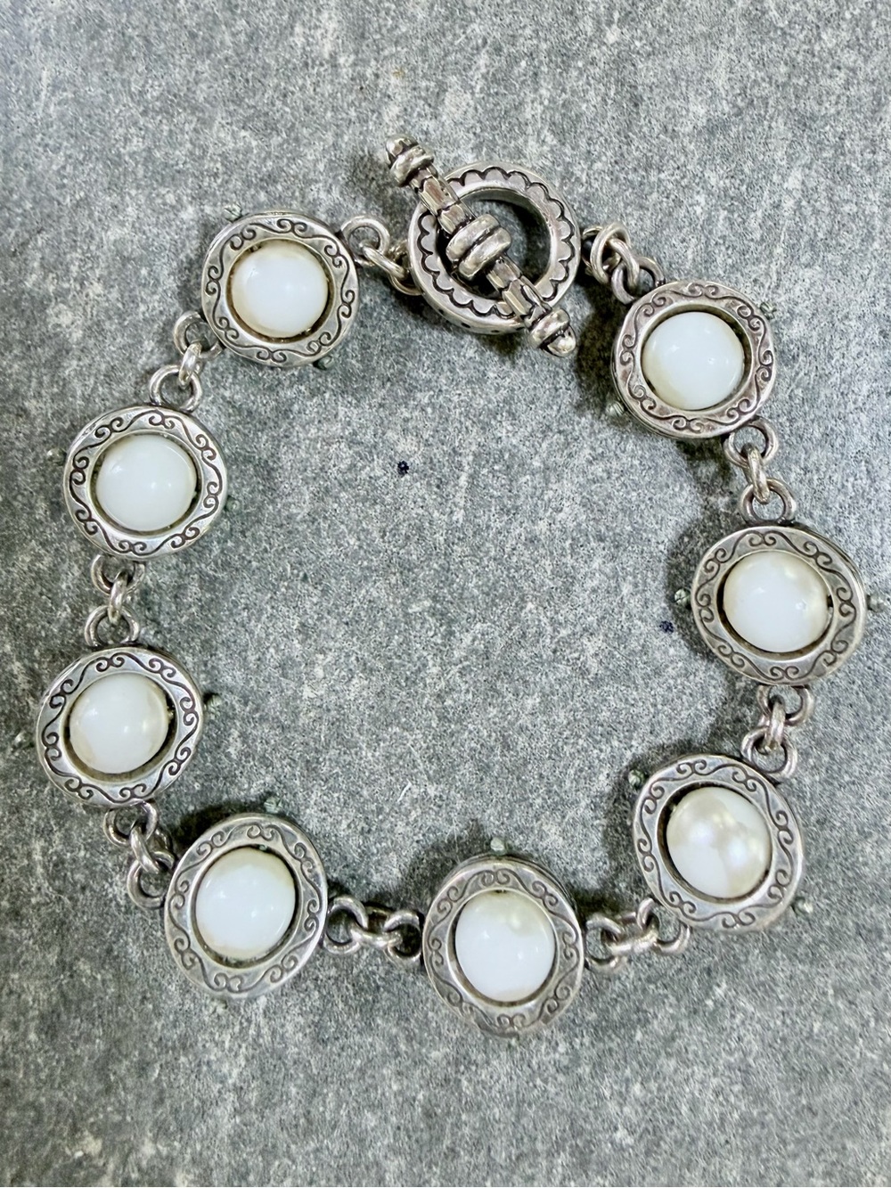 Brighton Silver-tone Moon Shadow Pearl Faux Pearl Toggle Link Bracelet